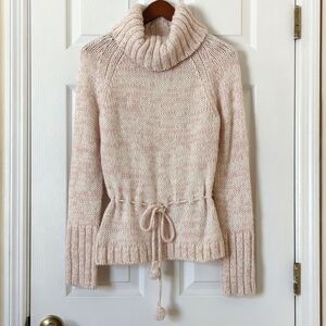 Loft Wool Blend Classic Marled Knit Tie Waist Cowl Neck Sweater Pink Cream M